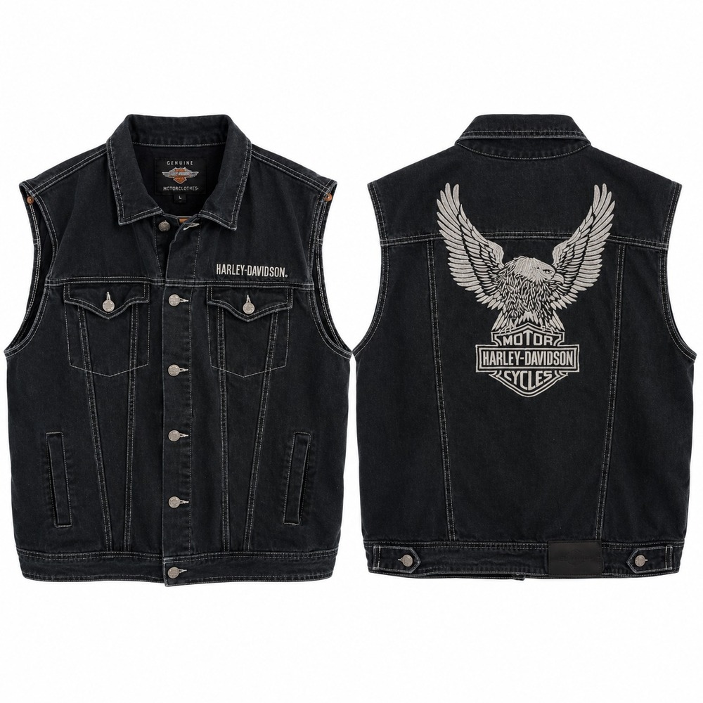 Harley Davidson Denim Vest Men's Size XL Black Embroidered Biker Motorcycle